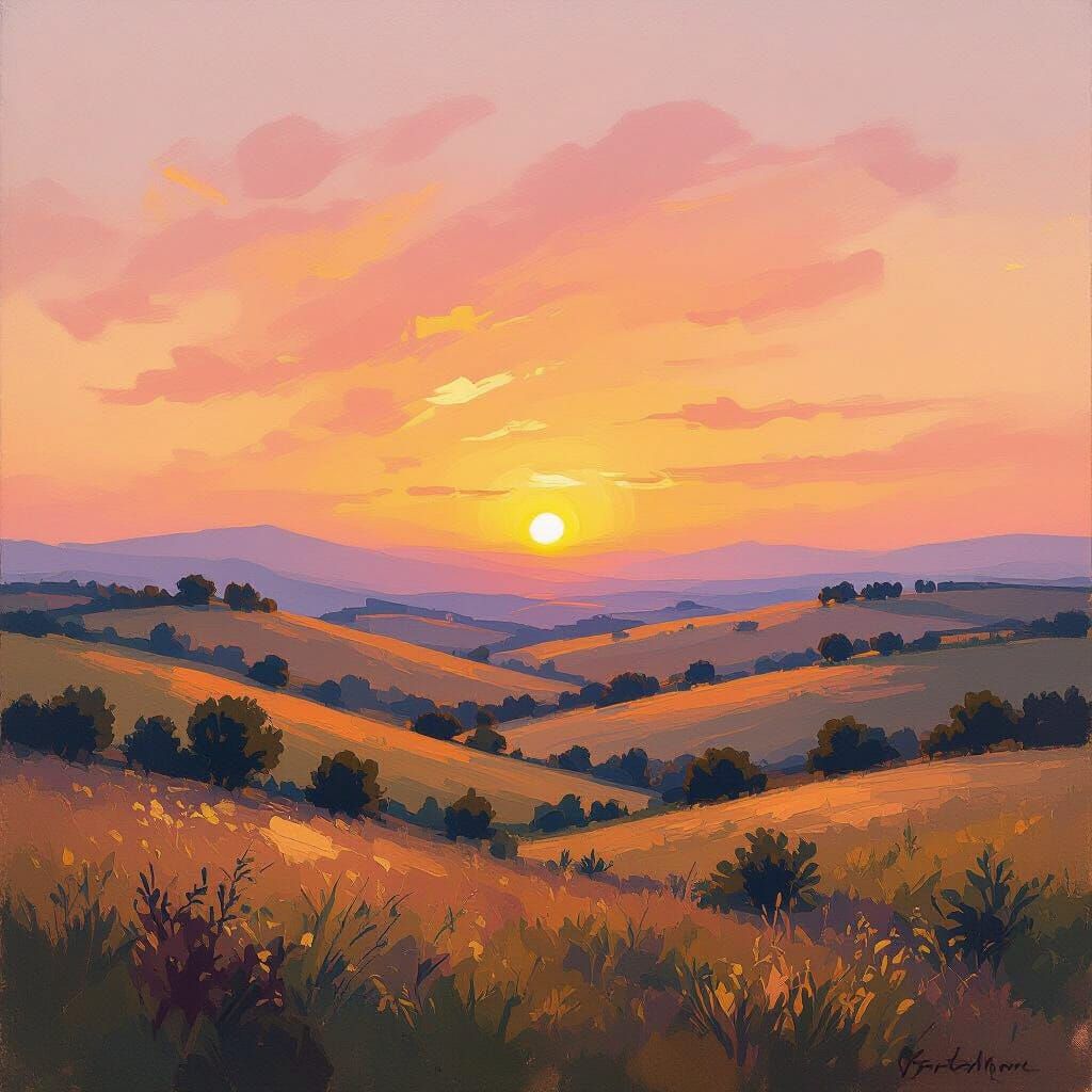 Impressionist Sunset Over Rolling Hills
