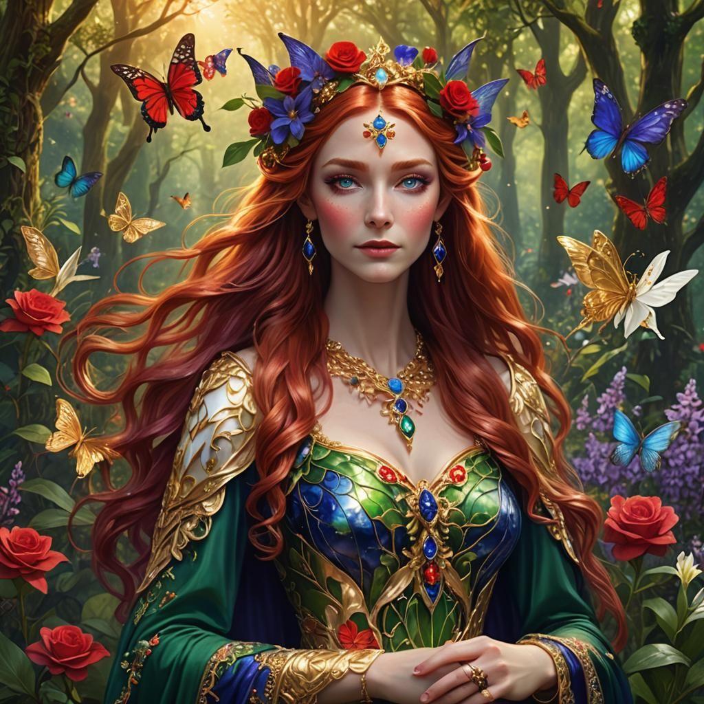 Red-Haired Elf Queen in Mystical Rose Garden