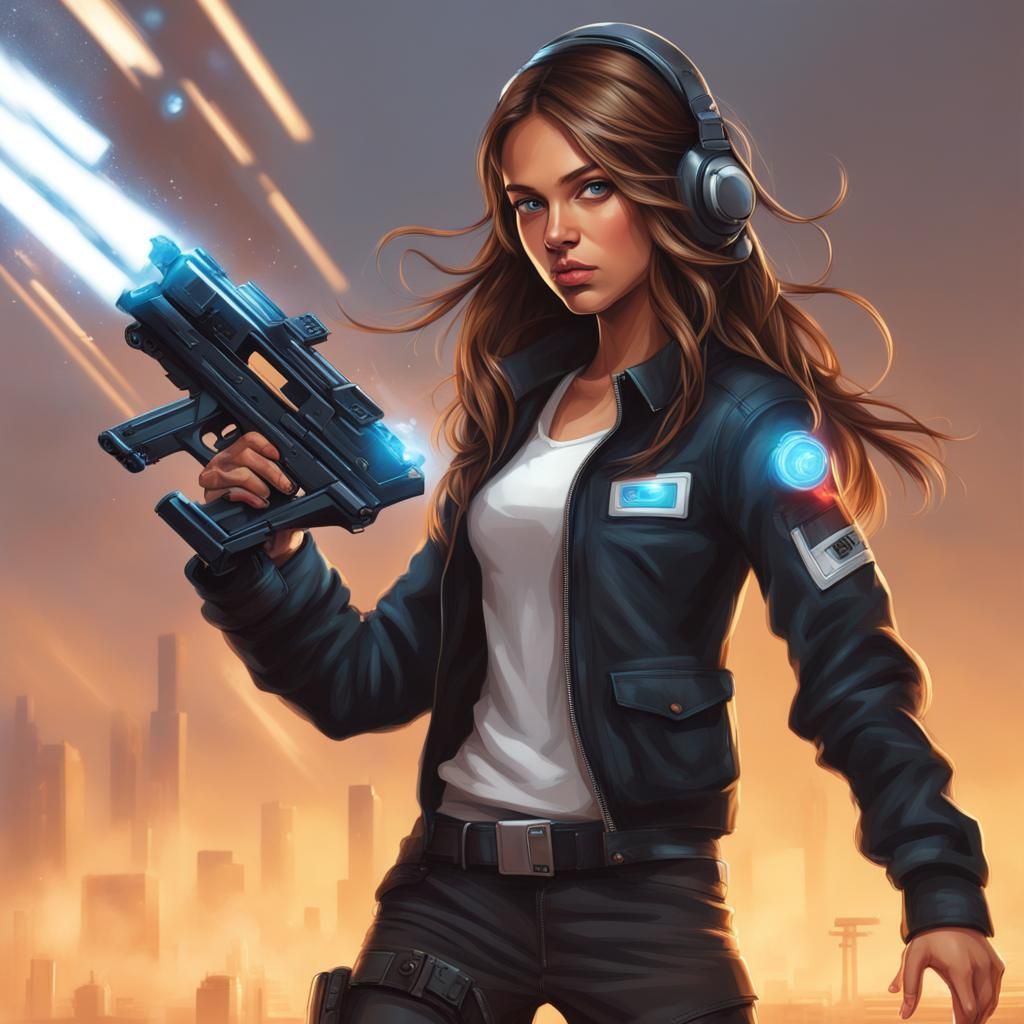 Realistic Teenage Girl with Futuristic Laser Tag Gun