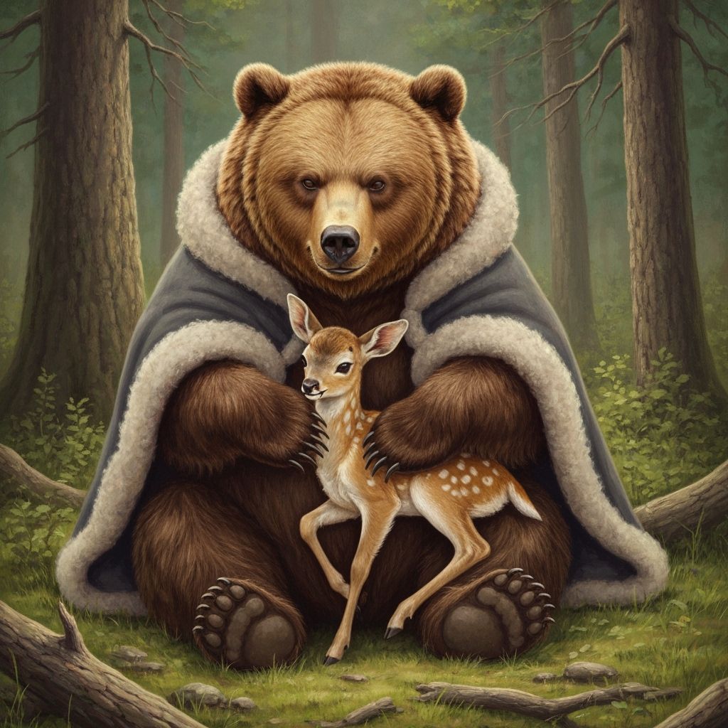 Bear and Fawn Friendship in Serene Forest