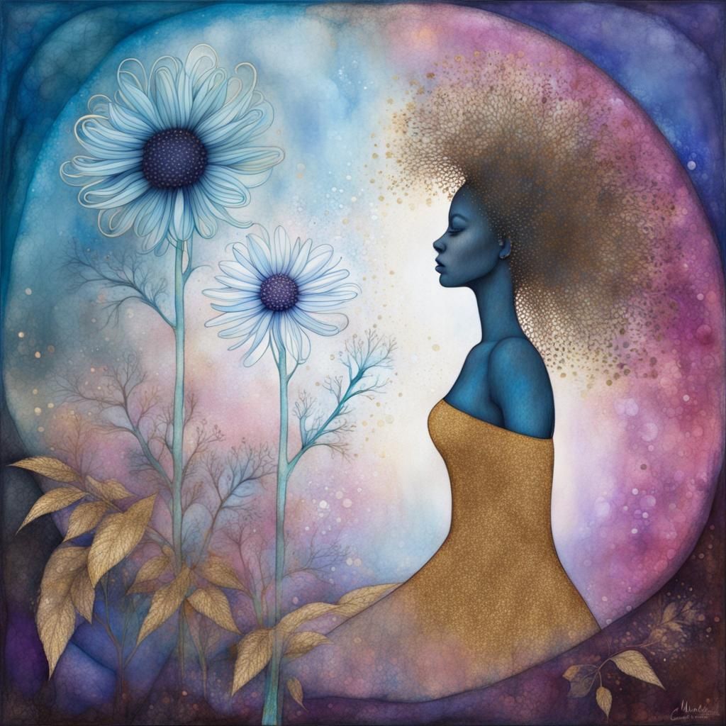 Woman Silhouette and Flower in Art Brut Style