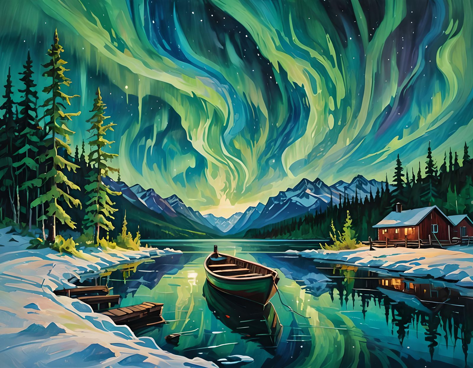 Alaskan Lake Boat Under Northern Lights: Gouache Watercolor