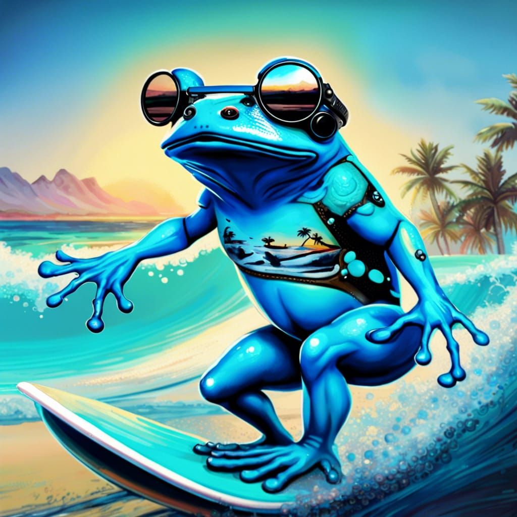 Steampunk Frog Surfing a Turquoise Wave
