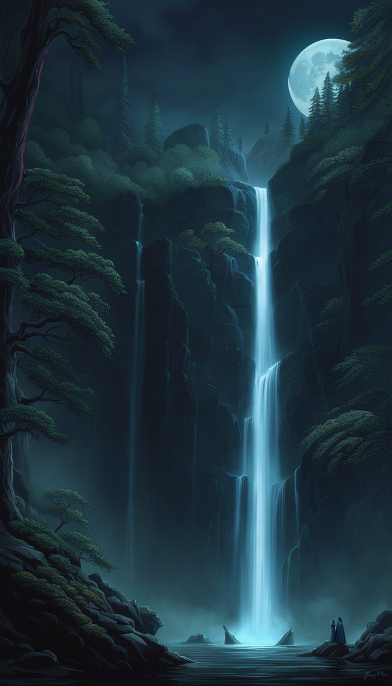 Gothic Landscape: Midnight Waterfall in Appalachian Mountain...