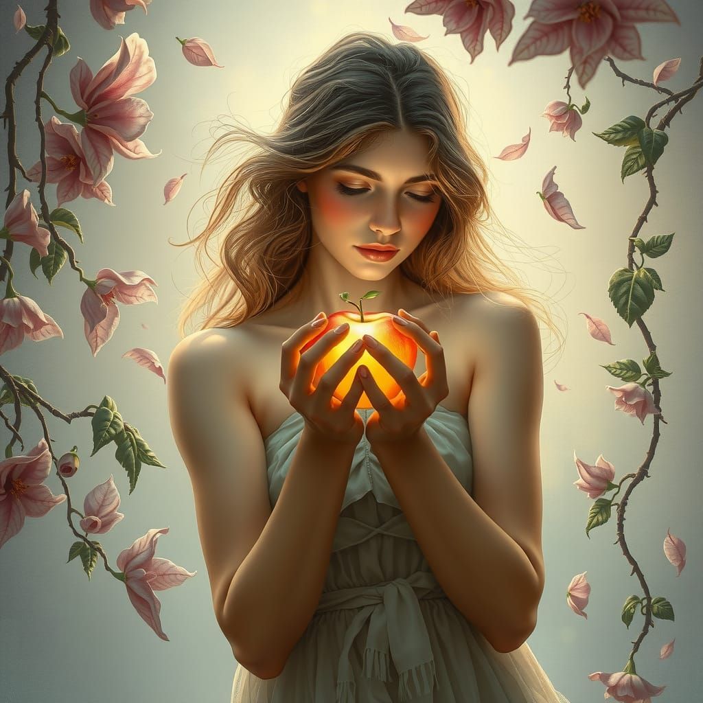 Ethereal Woman with Apple: Romanticist Painting