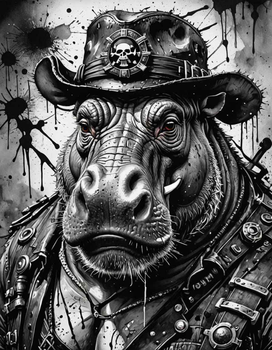 Intense Hippo Pirate Ink Splatter Portrait