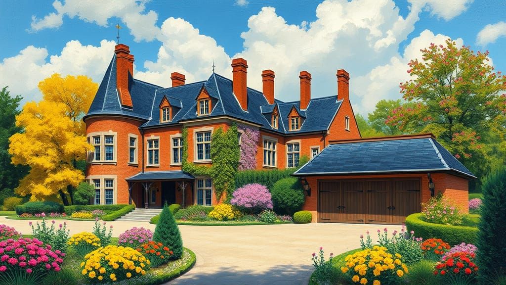 Grand Chateau with Vibrant Garden in Impressionist Style