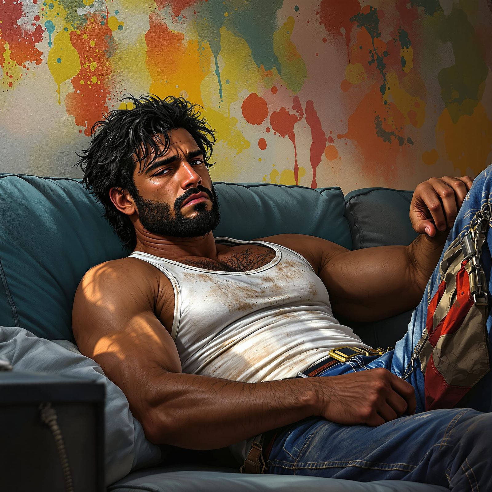 Rugged Plumber Lounging on Sofa in Dramatic Lighting