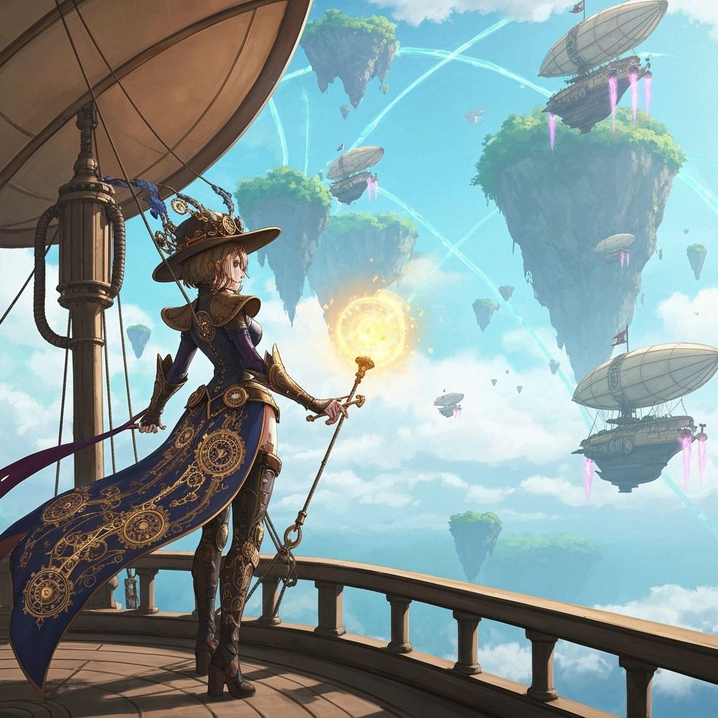 Steampunk Sorceress Commands Airship Fleet in Anime Style