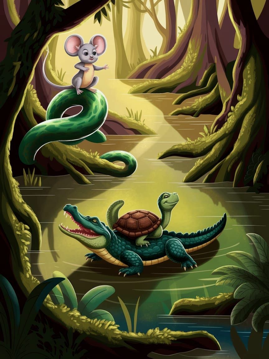 Whimsical Forest Scene: Mouse Rides Snake, Turtle Rides Alli...
