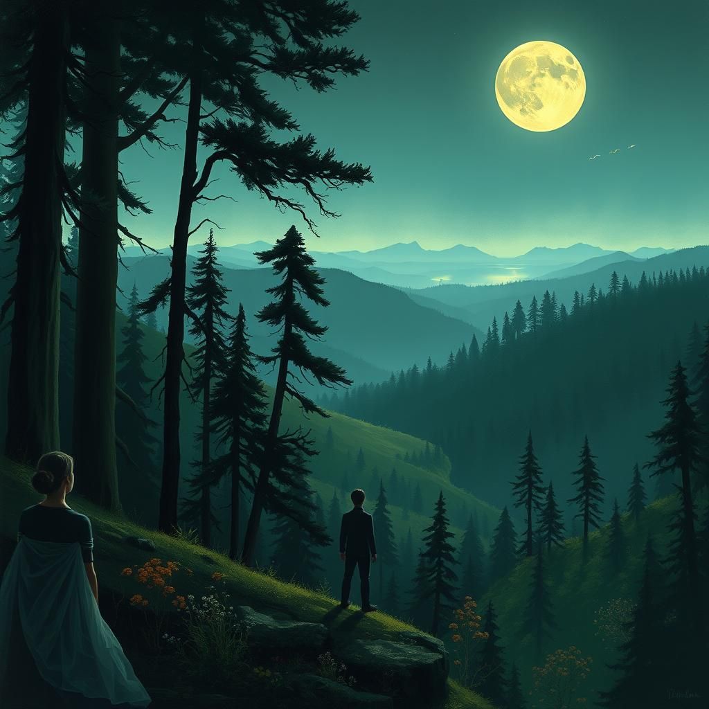 Moonlit Figure Gazing Over Mystical Landscape