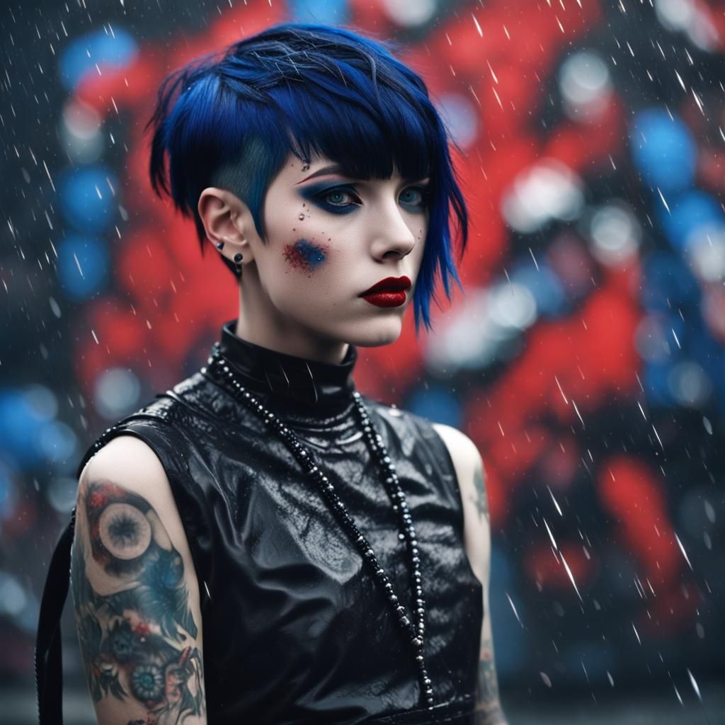 Gothic Girl with Red Eyes in Rainy Battlefield