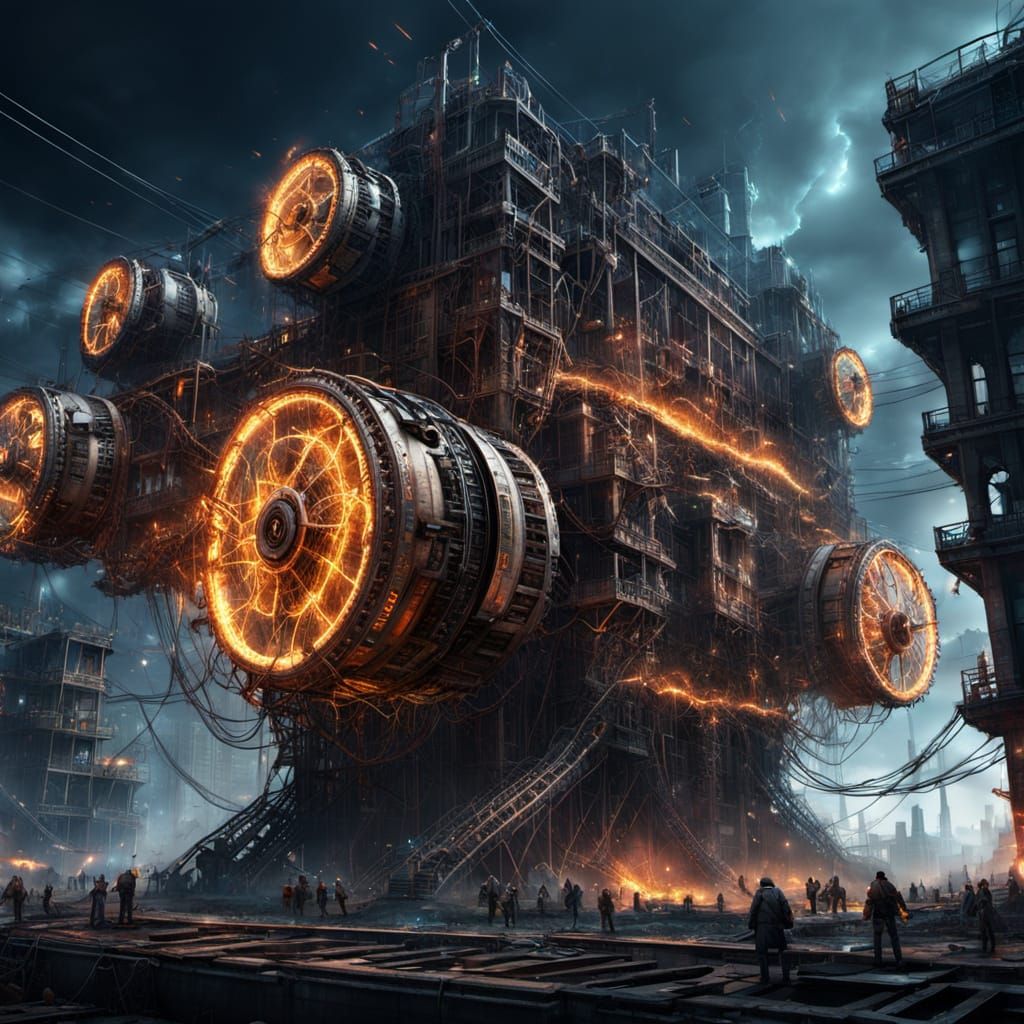 Colossal Dystopian Machine Collapsing Under Rebel Attack