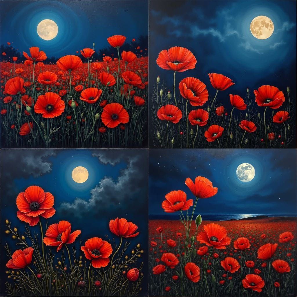 Romantic Nighttime Landscape with Red Poppies in an Impressi...