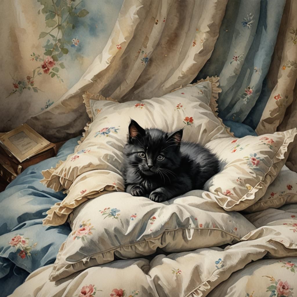 Little cute fluffy black kitten sleeping on a pillow, jean b...
