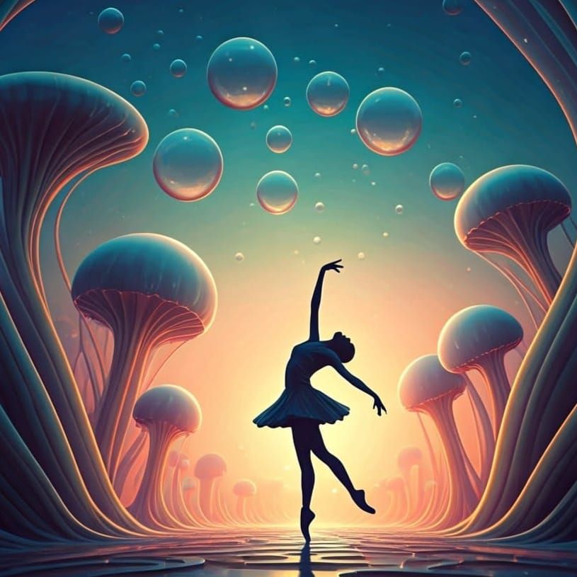 Surrealist Dancer Captured in Whimsical Abstract Landscape