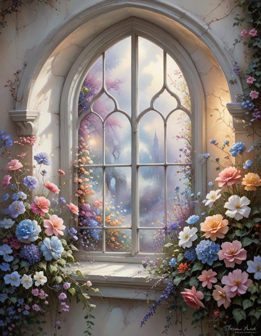 Watercolour Window with Flowers in Soft Muted Tones