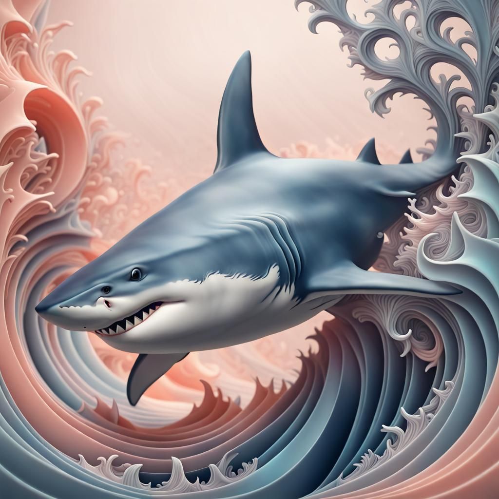 Pastel Sapphire Shark in Fractal Ocean Waves