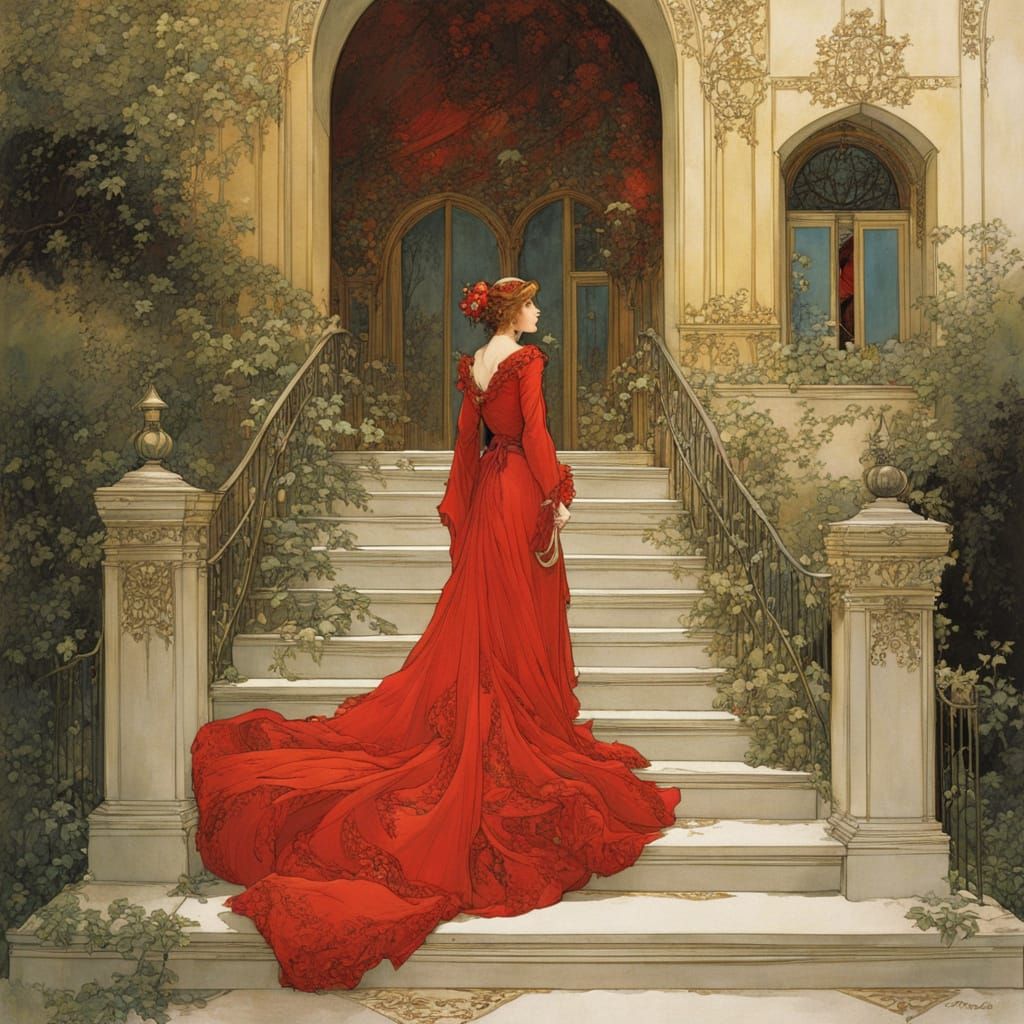Woman in Red Gown Descending Stairs: Mucha Style