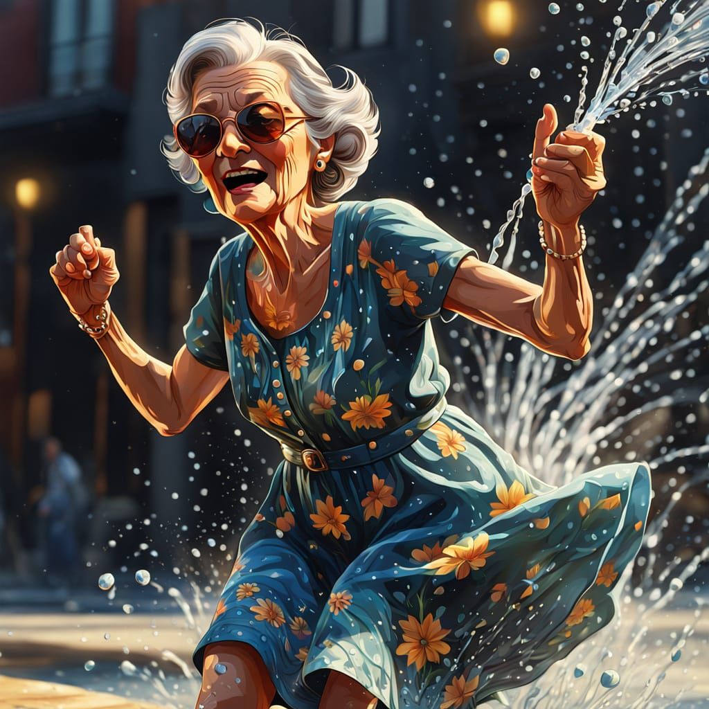 Hyperrealistic Old Lady Sprinkler Run in Graffiti Style
