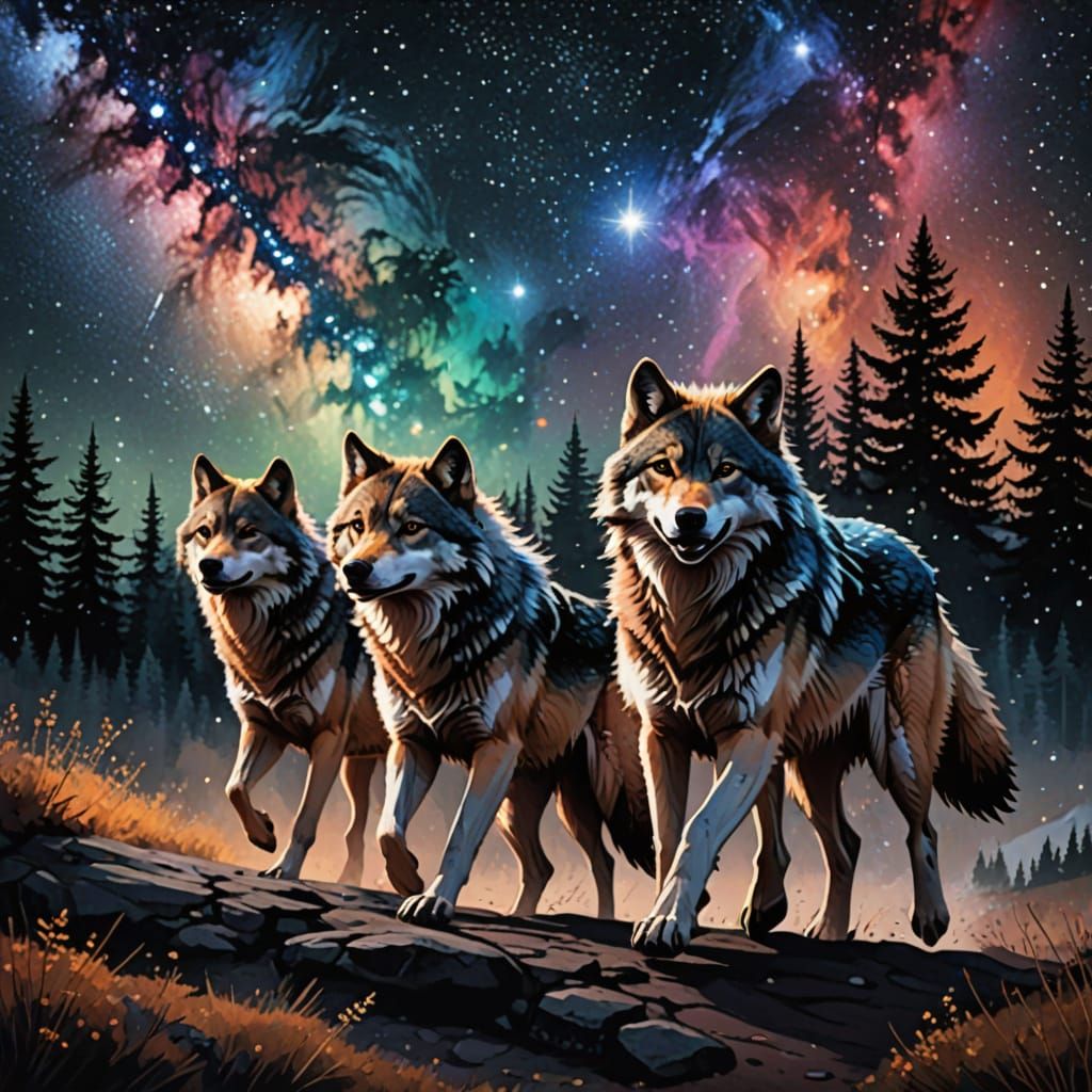 Vibrant Wolf Pack Runs Under Starry Night Sky