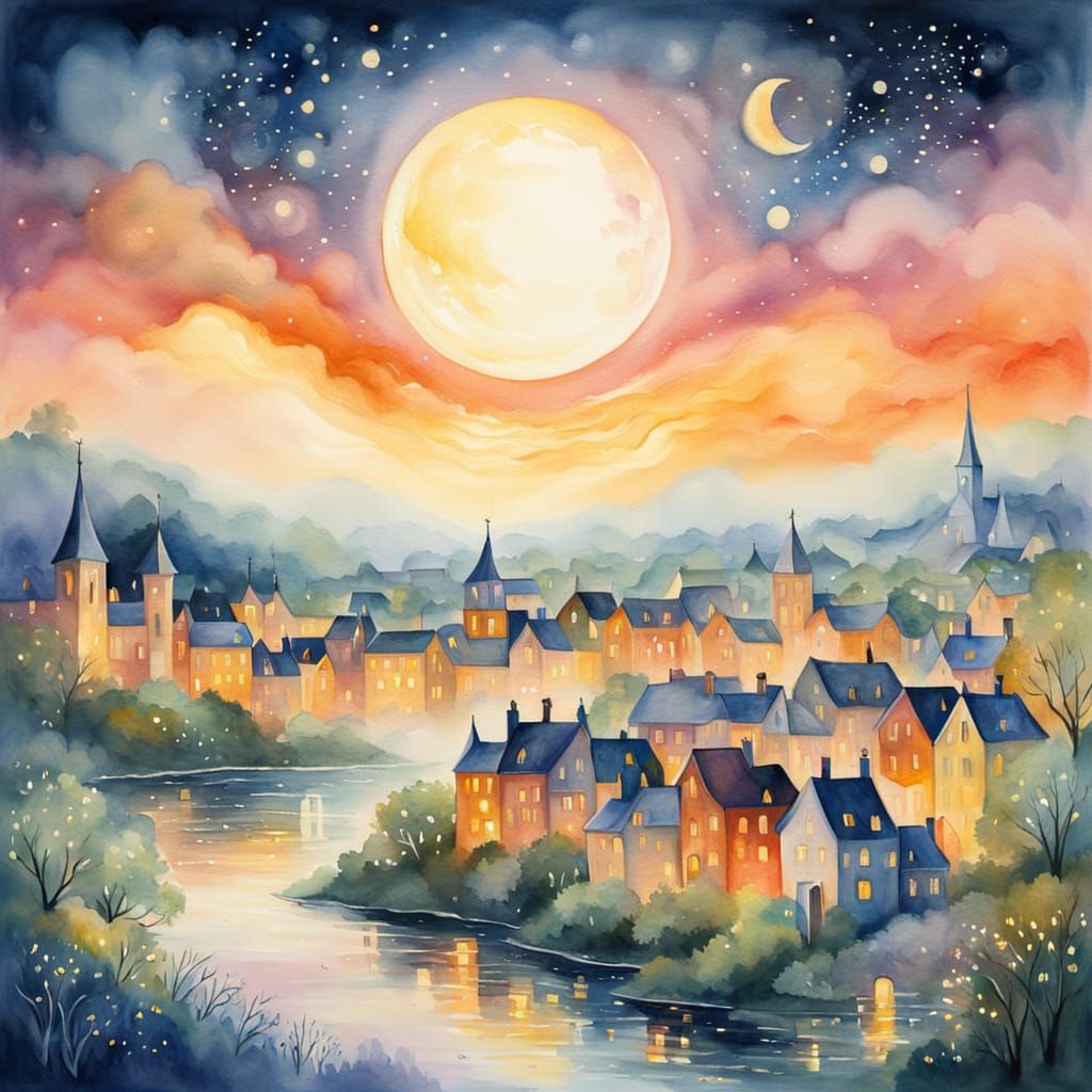 Enchanted Town Under Crescent Moon in Impressionistic Style