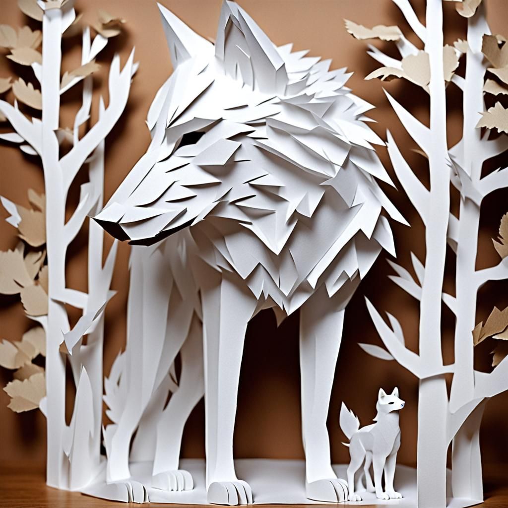 Intricate 3D Papercut Sculpture of a White Wolf