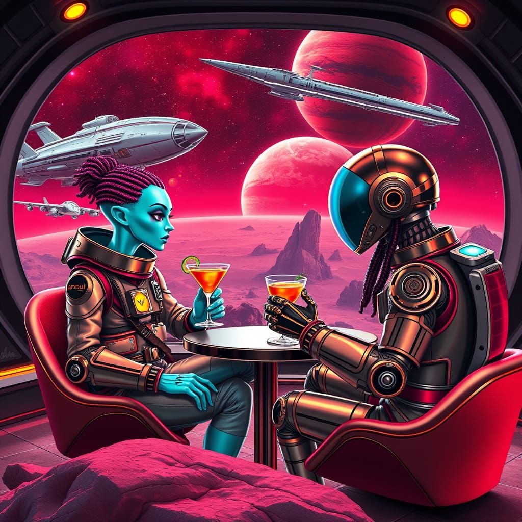 Futuristic Space Cafe on Asteroid, Turquoise Alien and Astro...