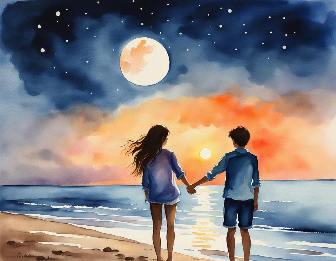Romantic Teen Embrace on Moonlit Beach Watercolor