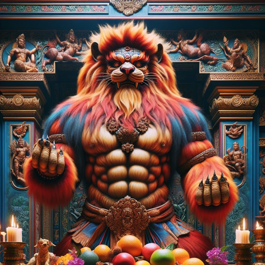 Majestic Lion-Man Deity in Ancient Temple