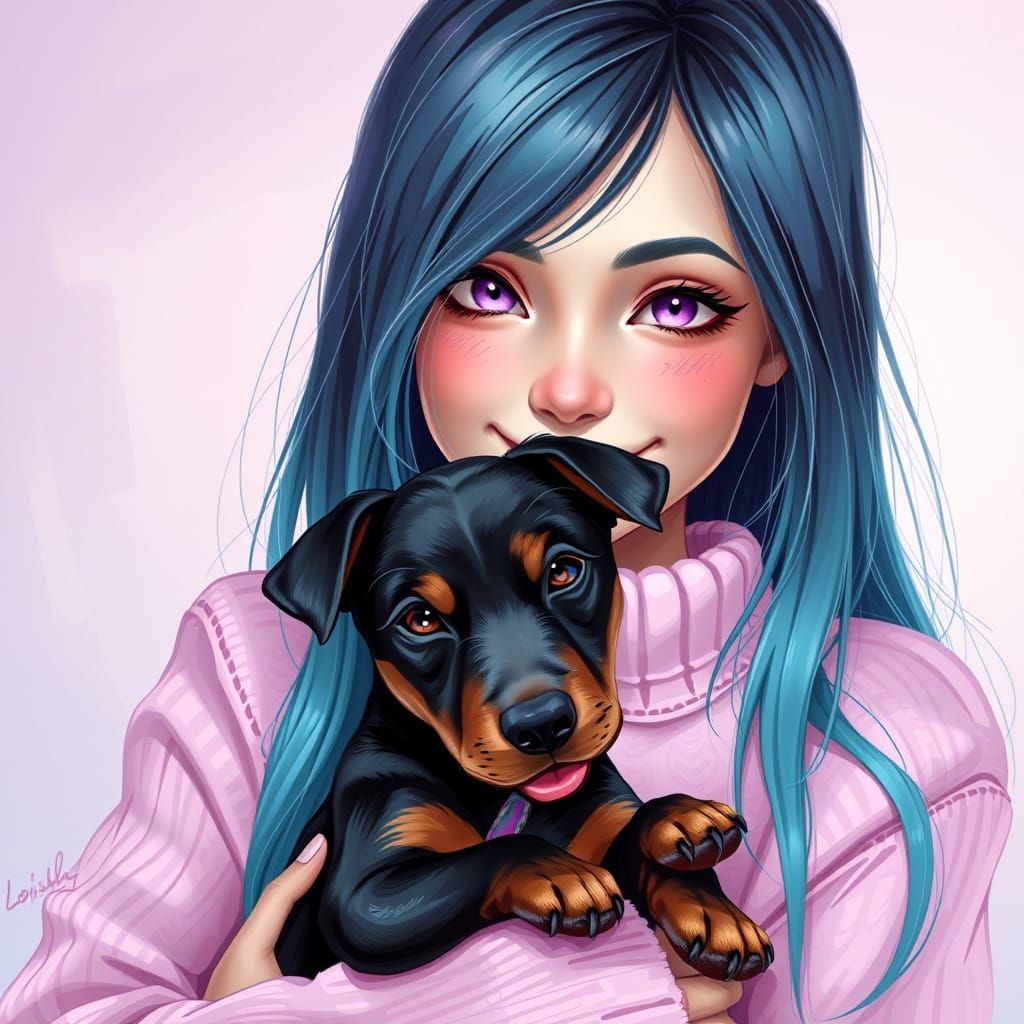 Wolf-Girl with Puppy in Dreamy Digital Art