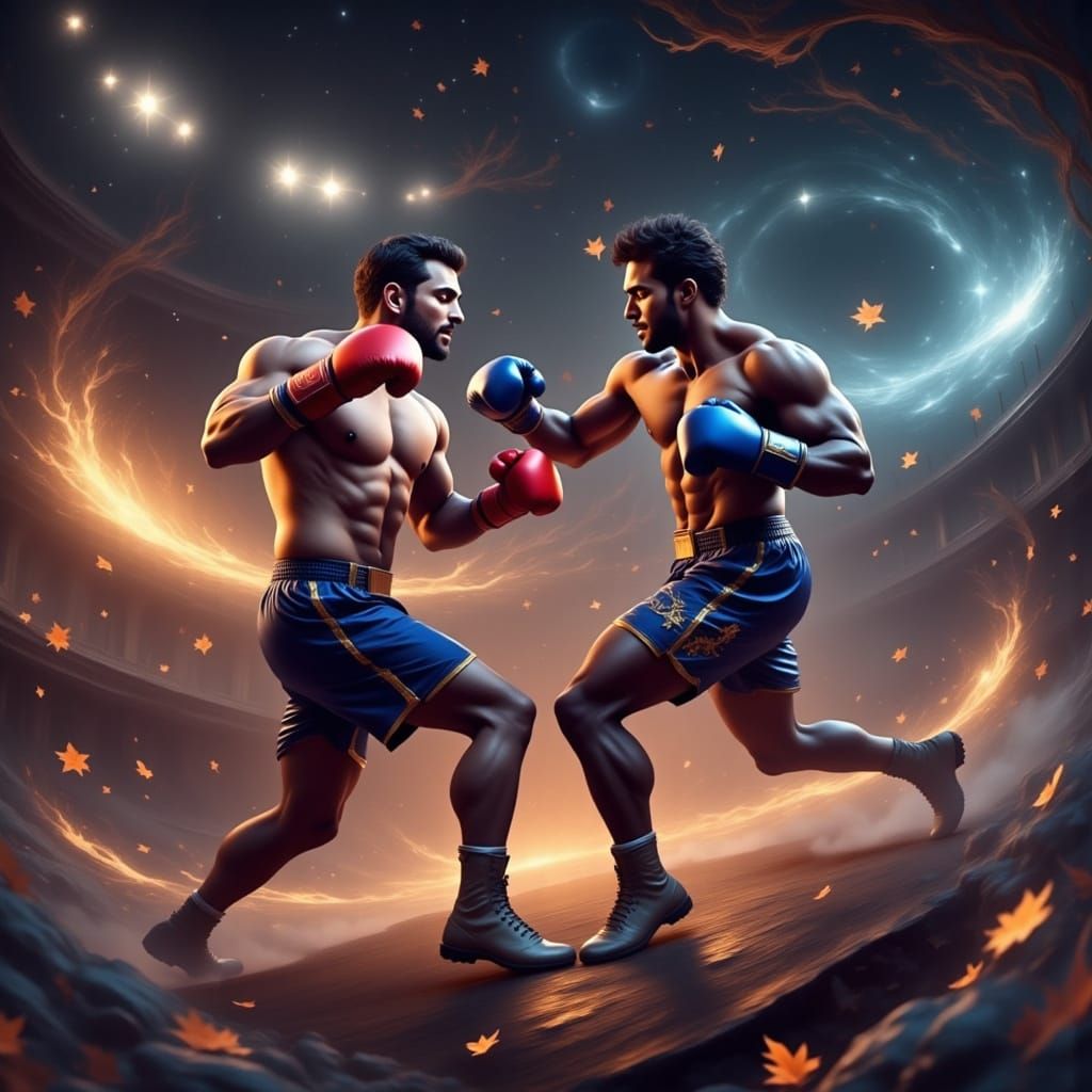 Two boxers trying to box air a cosmic scene.  motion blur, b...