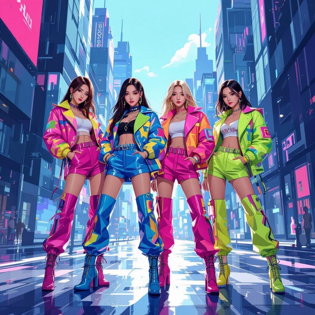 K-Pop Girl Group Posing in Vibrant Cityscape