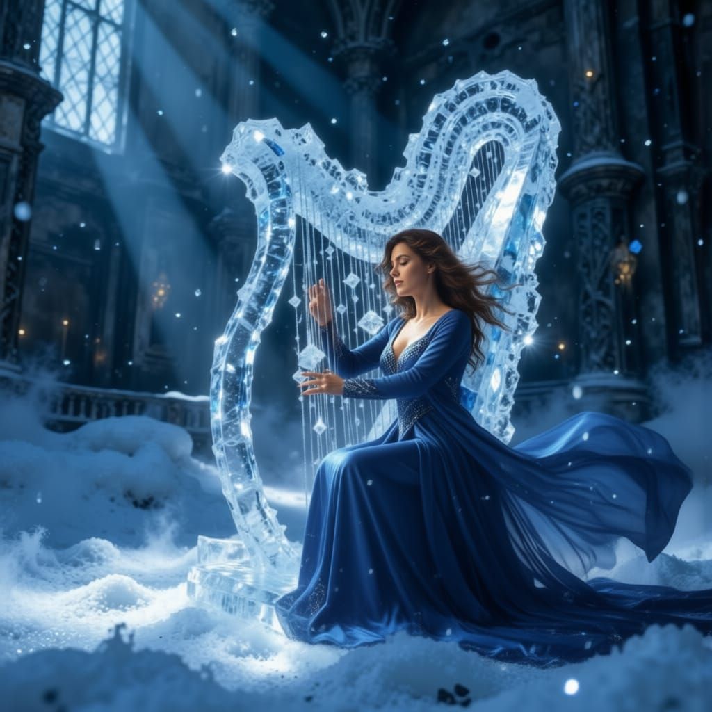Ice Harpist Creates Frost Music in Snowy Hall