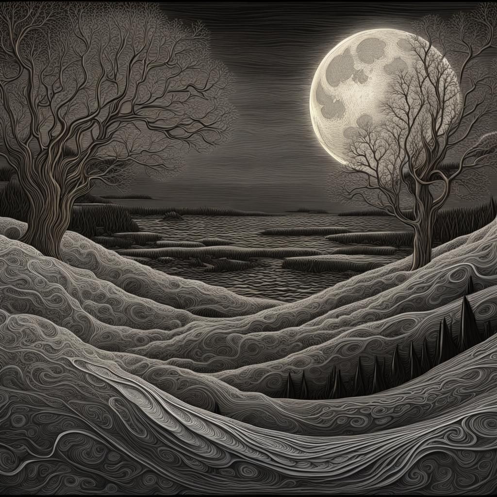Detailed Scratchboard Winter Evening with Moon