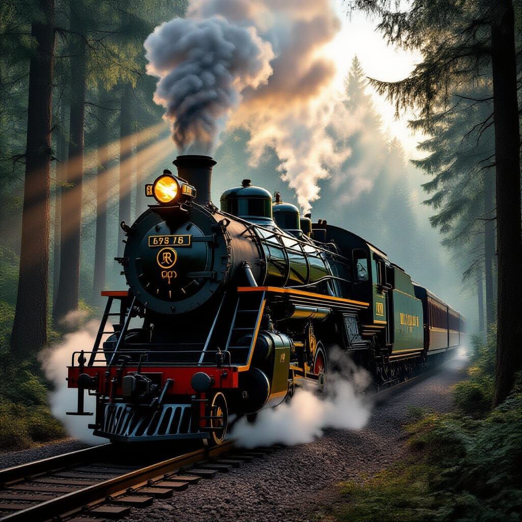 Art Deco Steam Train in Misty Forest