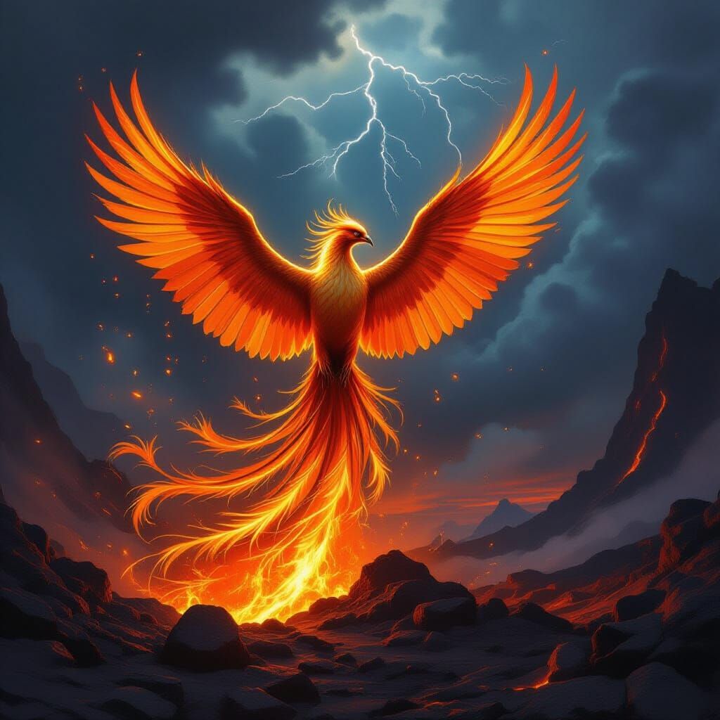 Majestic Phoenix Rises From Ashes in Fiery Fantasy Art
