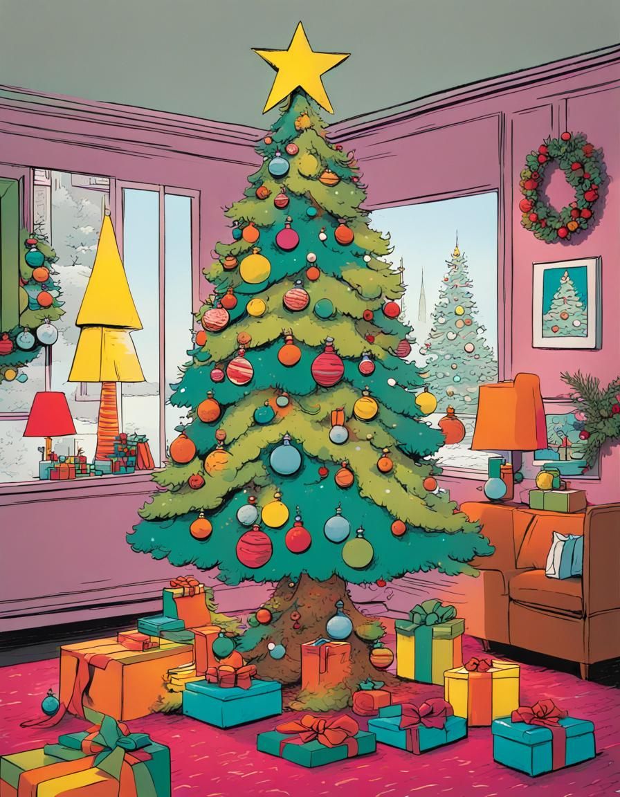 Retro Christmas Tree in 1970s Comic Style