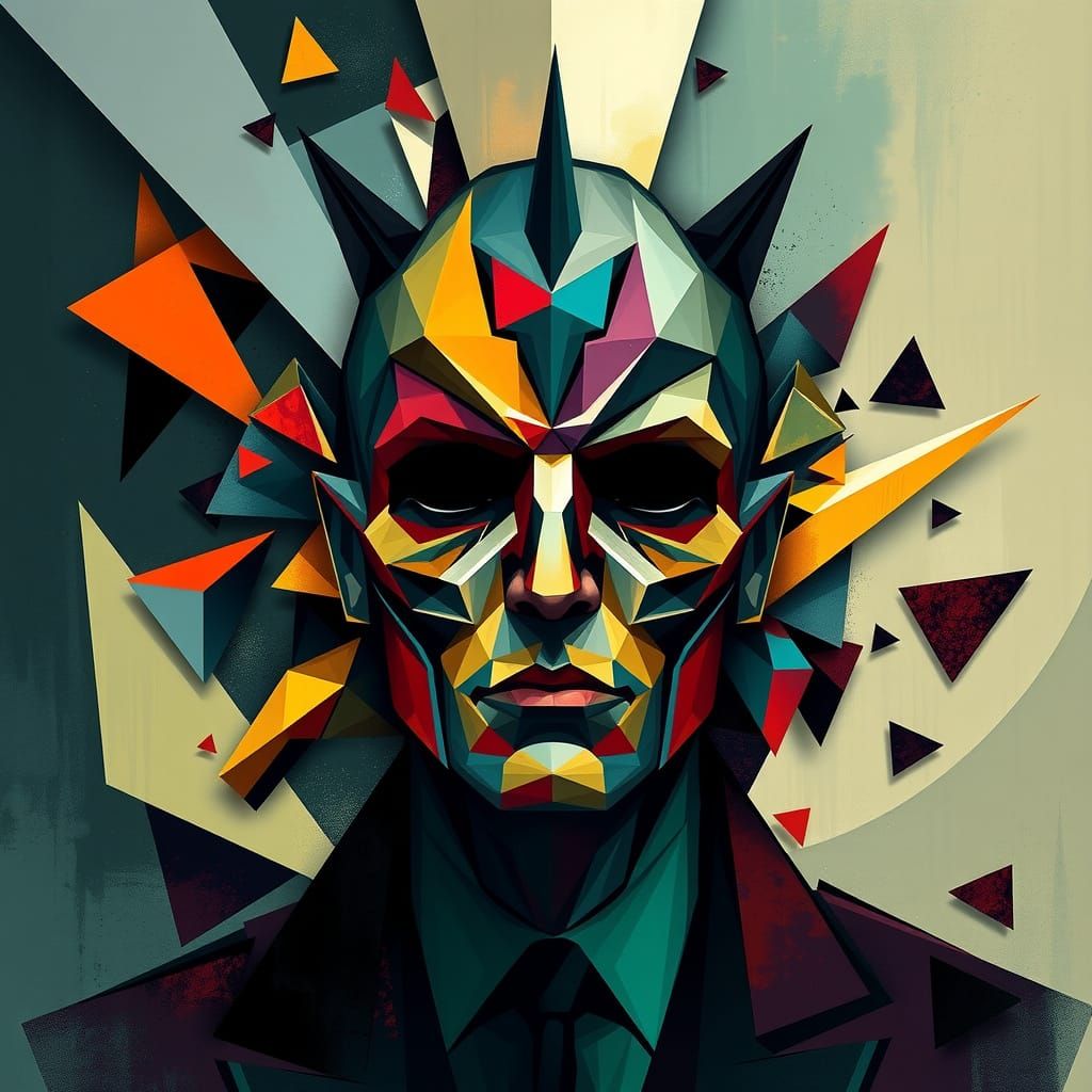 Vibrant Neo-Cubist Figurehead Amidst Fractured Planes