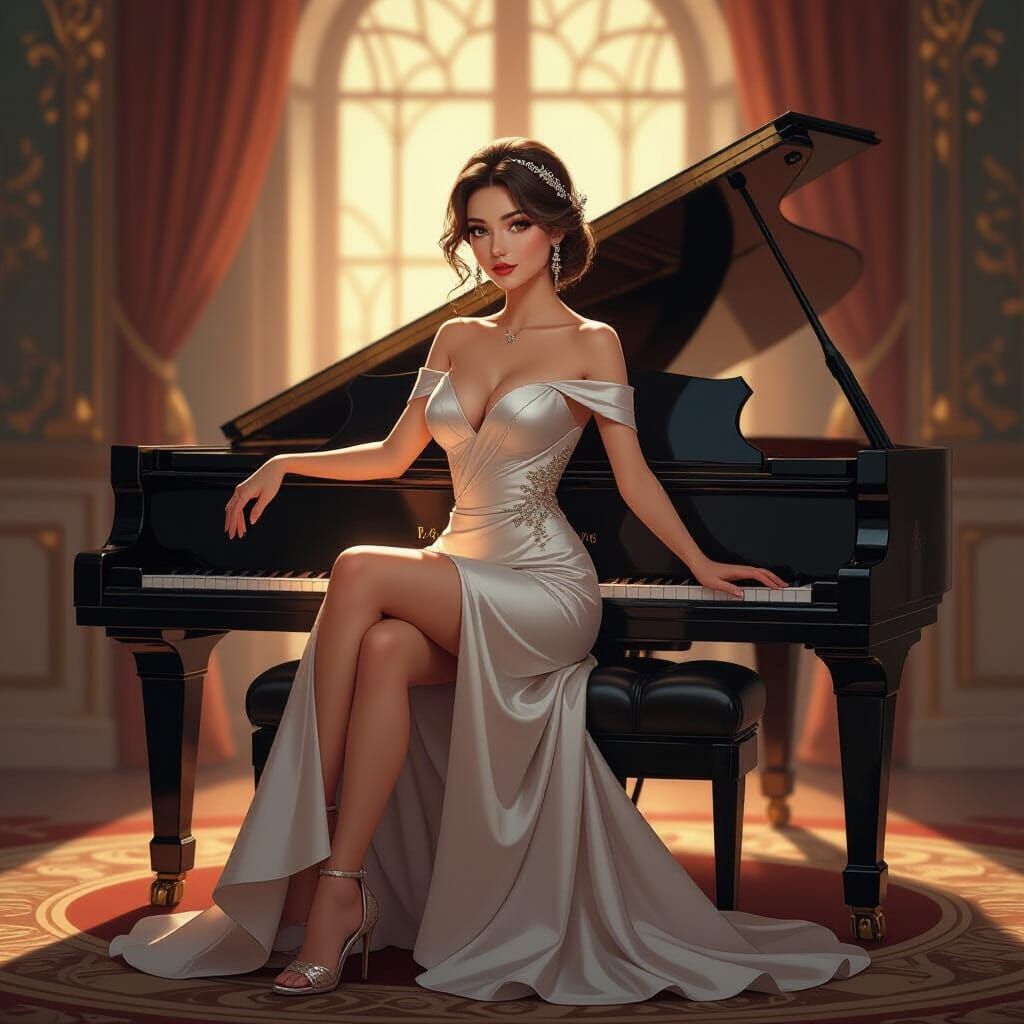 Elegant Figure at Piano in Art Nouveau Style