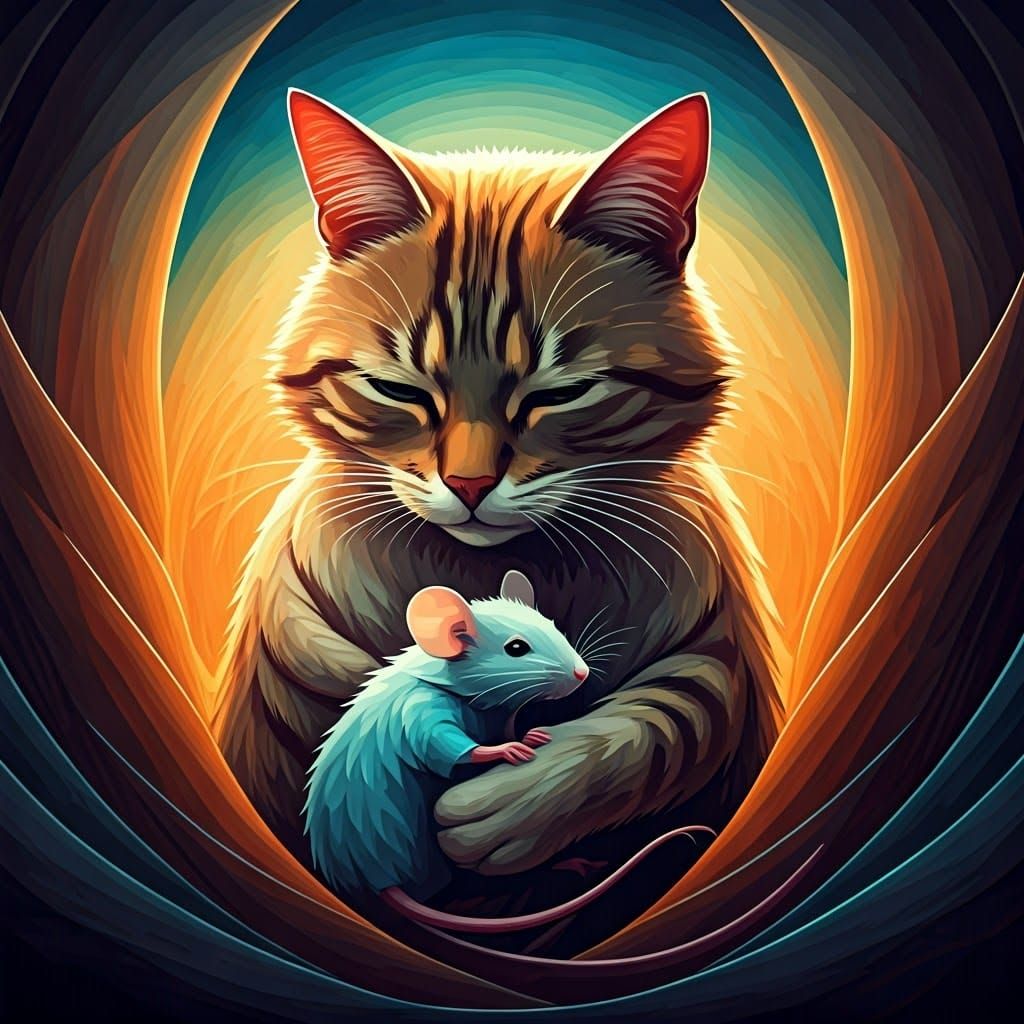 Whimsical Mother Cat Cuddles Ethereal Mouse in Vibrant Neo-C...