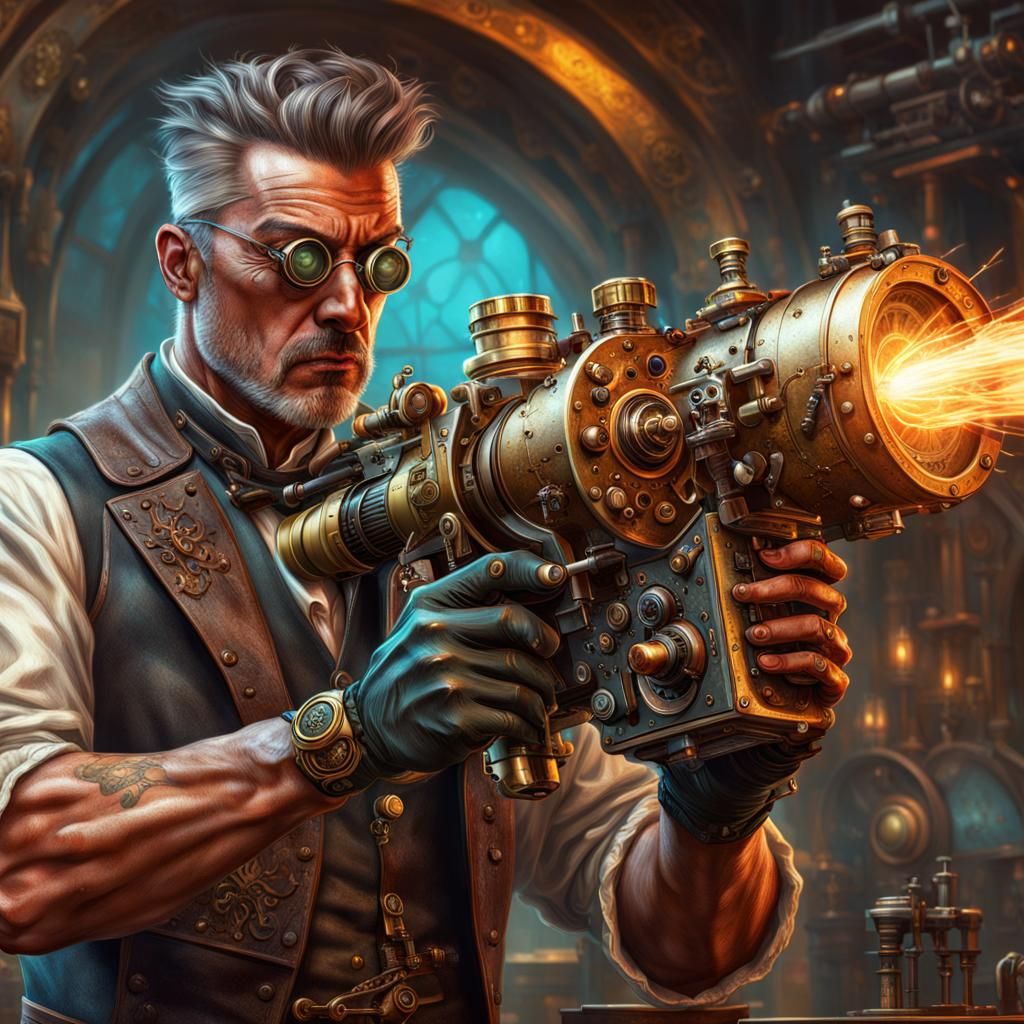 Steampunk Ray Gun Maker: Hyperrealistic Concept Art