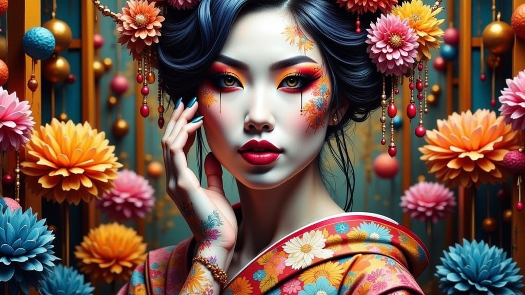 Vibrant Geisha in a Futuristic Industrial Setting