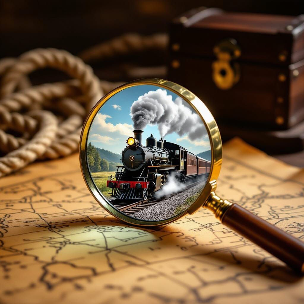 Magnifying Glass Reveals Steam Train on Treasure Map