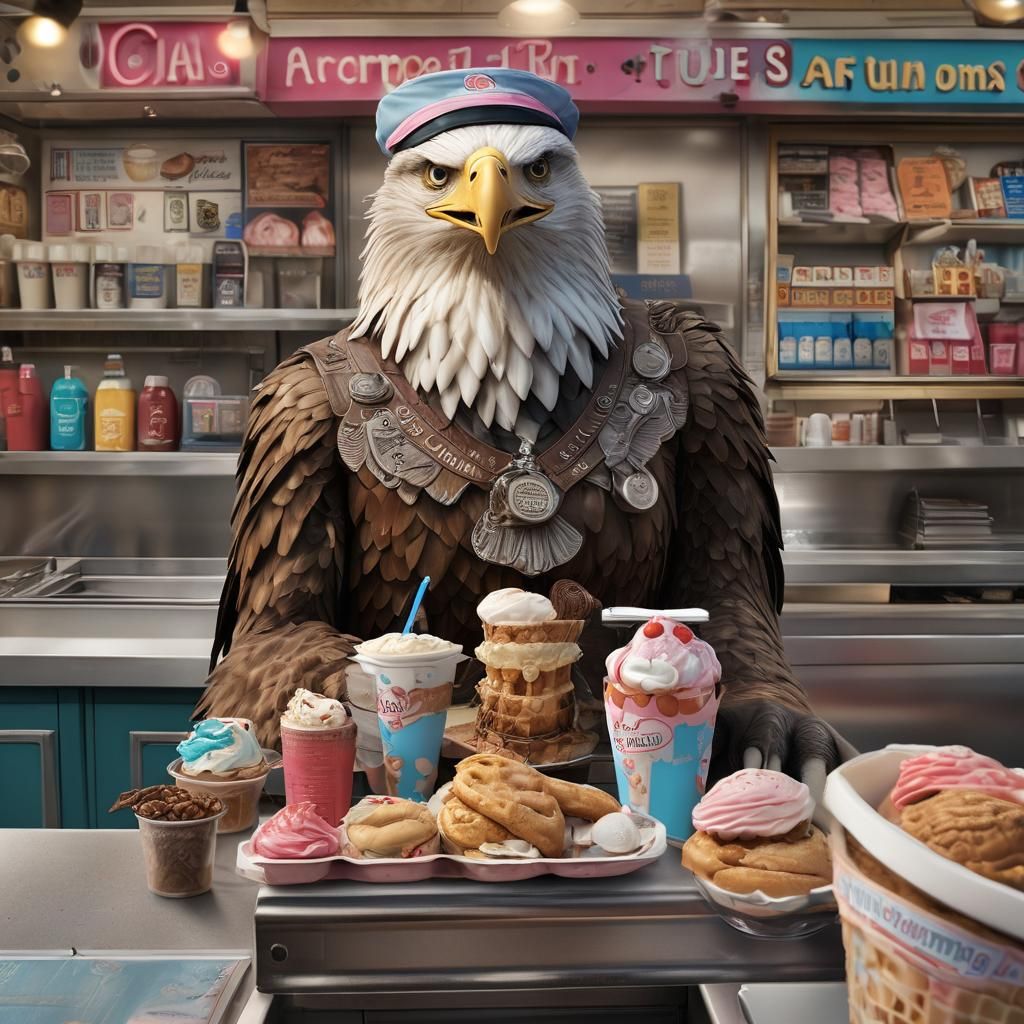 Anthropomorphic Eagle in Baskin-Robbins Outfit
