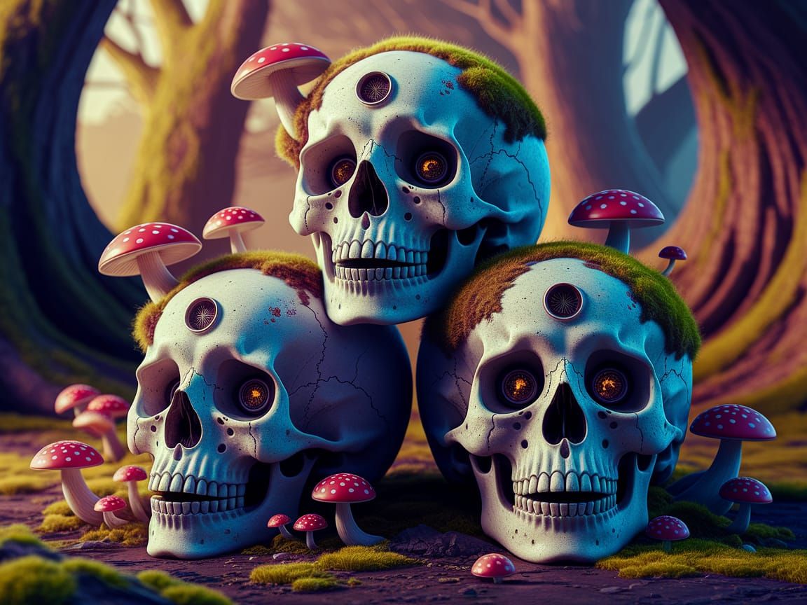 Three Skulls with Mushrooms in Overgrown Forest