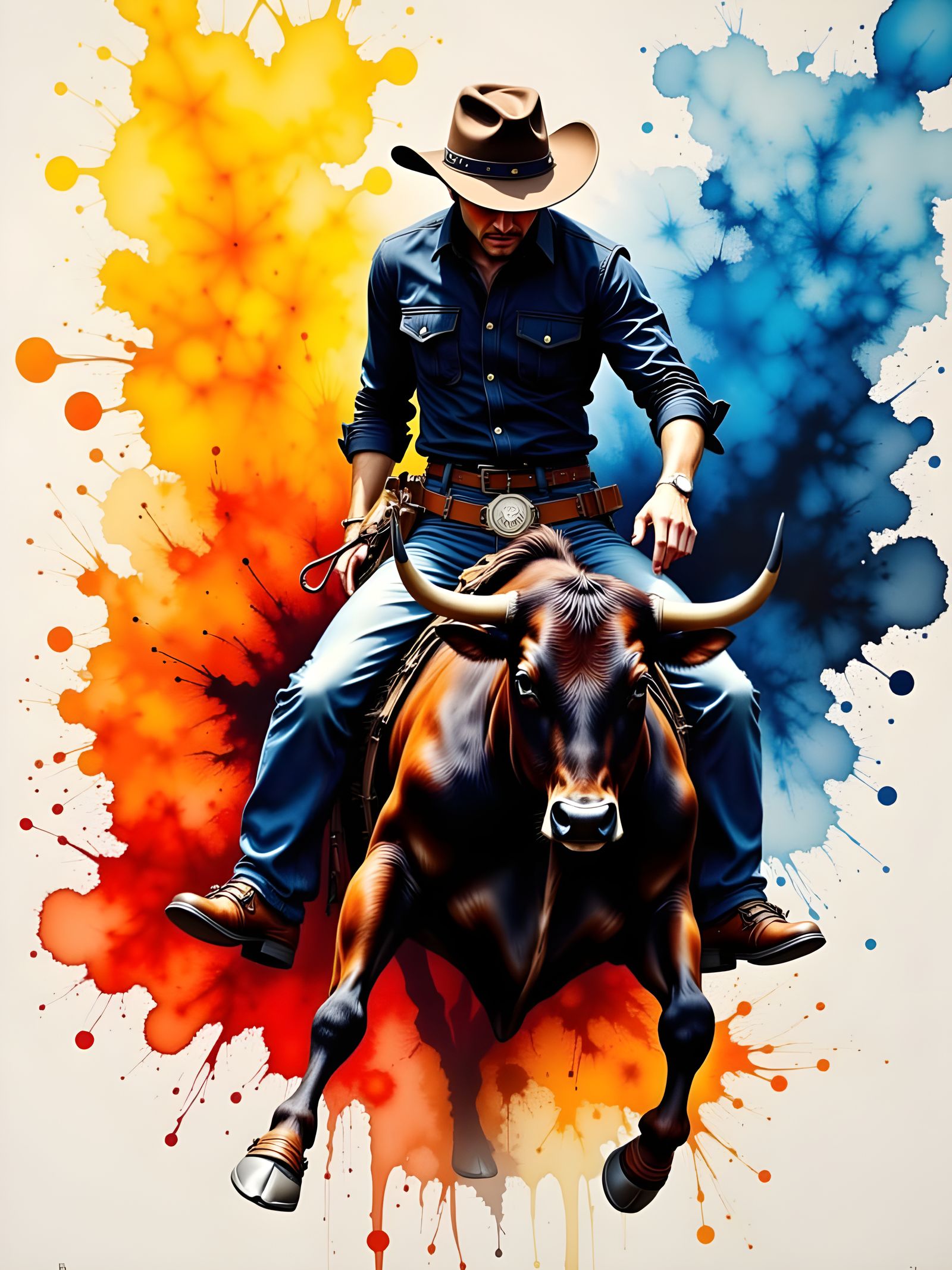 Abstract Ink Wash of Cowboy and Bull in Dynamic Energy