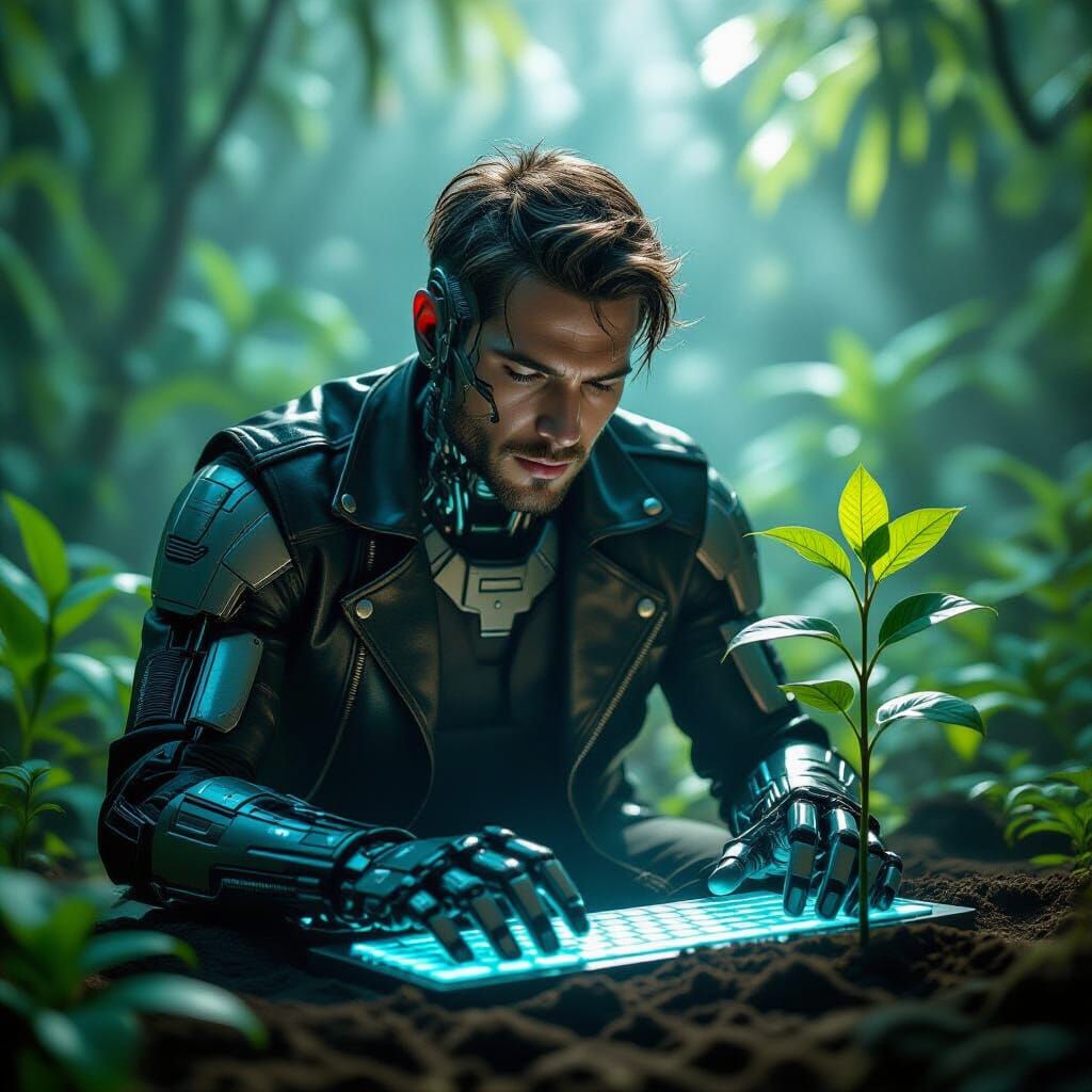 Cyborg Gardener Types on Holographic Keyboard, Plants Seedli...