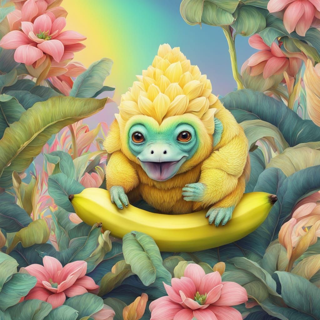 Whimsical Banana Friend in a Pastel Forest