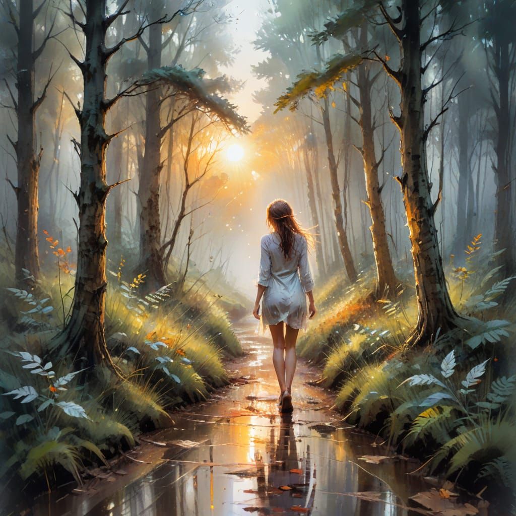 Rainy Forest Path at Sunset in Watercolor Style